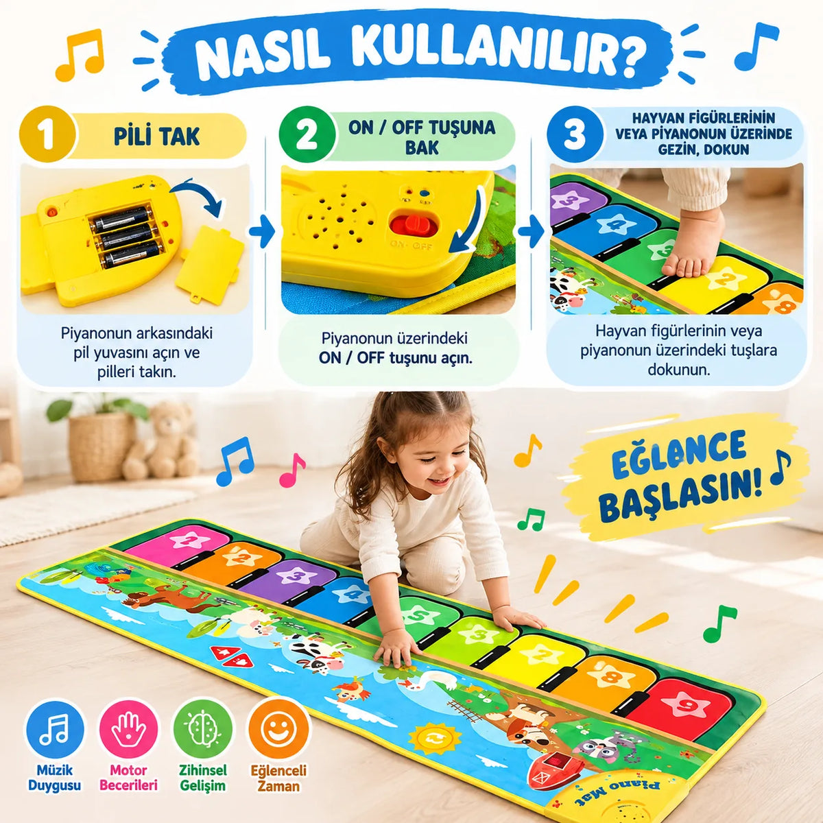 Müzikli Piyano Oyun Halısı – Dokunmatik Işıklı Halı Oyuncak